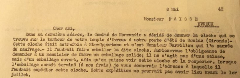 La note du 8 mai 1940 suggérant l'envoi de la cloche à Soulac pour le tout nouveau temple