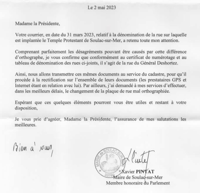 Capture partiel du courrier de M. le Maire de Soulac daté du 2 mai 2023